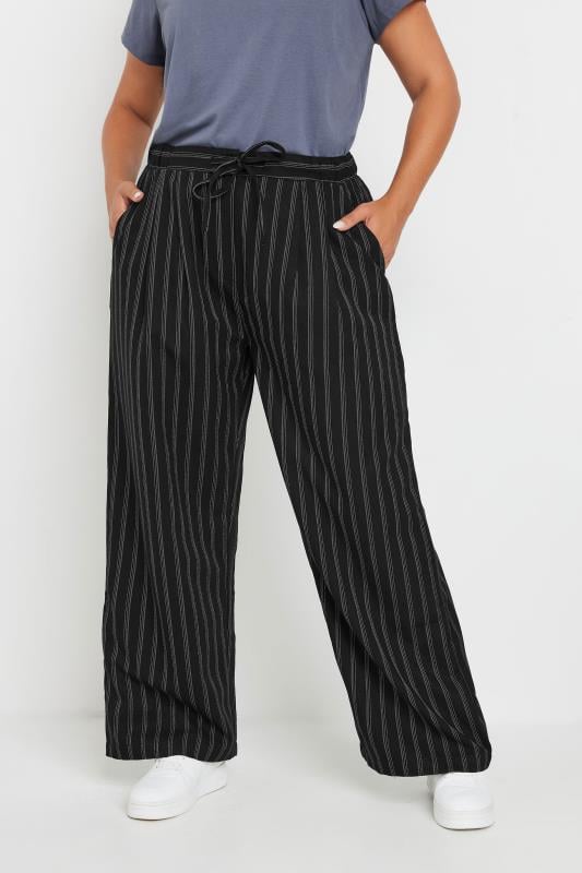 YOURS Plus Size Black Pinstripe Wide Leg Trousers | Yours Clothing  1