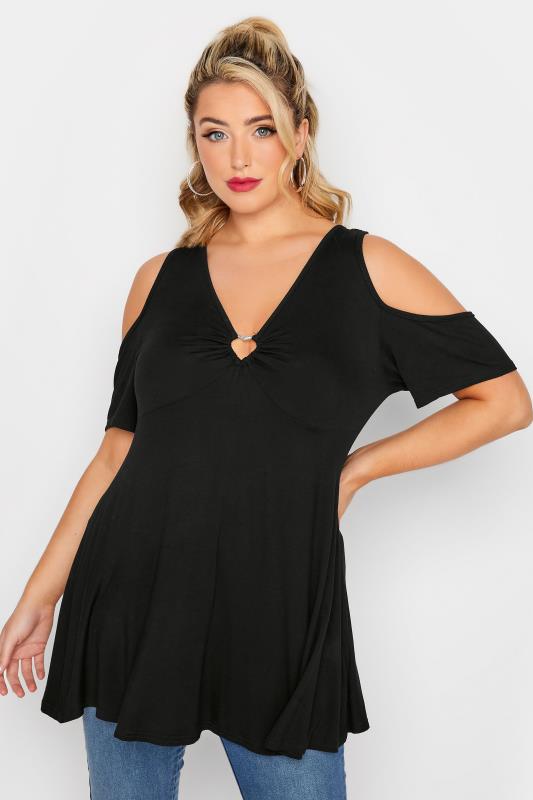 LIMITED COLLECTION Plus Size Curve Black Heart Trim Keyhole Short Sleeve Top | Yours Clothing  1