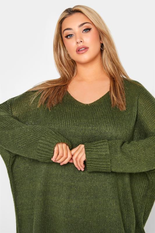 Curve Khaki Green Drop Sleeve Knitted Jumper Dress 4