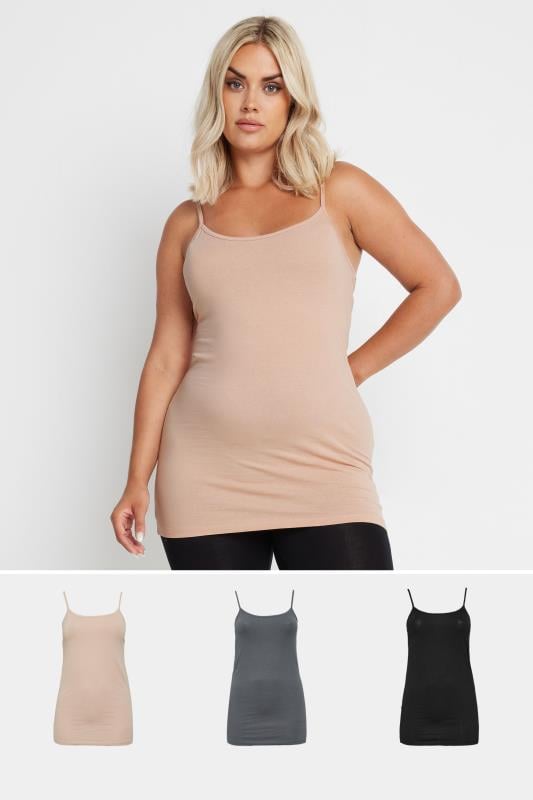 YOURS Plus Size 3 PACK Black & Nude Cami Tops | Yours Clothing  1