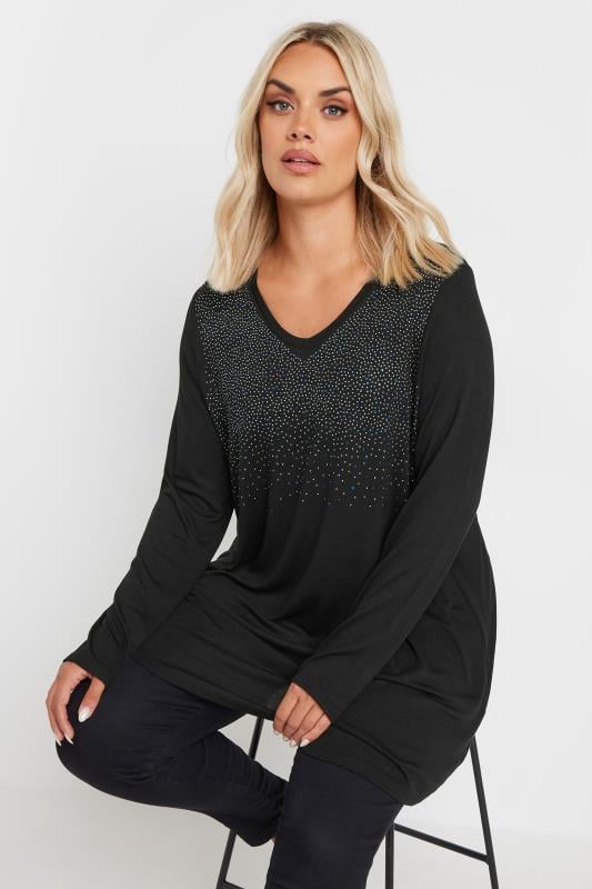 YOURS Plus Size Black Stud Embellished Long Sleeve Top | Yours Clothing 1