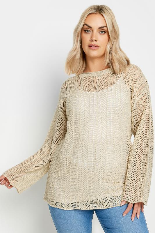 YOURS Plus Size Natural Brown Metallic Crochet Jumper | Yours Clothing 2