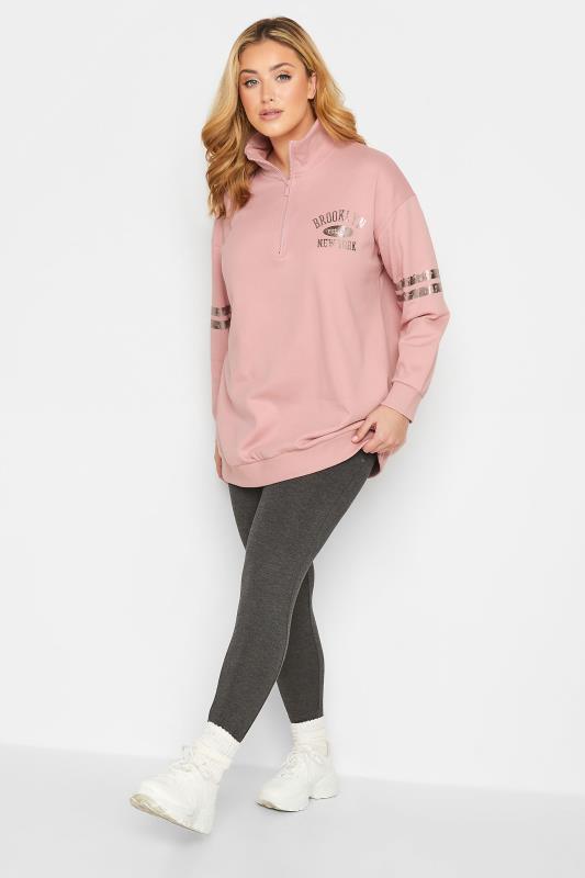 Plus Size Pink Metallic 'Brooklyn' Varsity Half Zip Sweatshirt | Yours Clothing 2