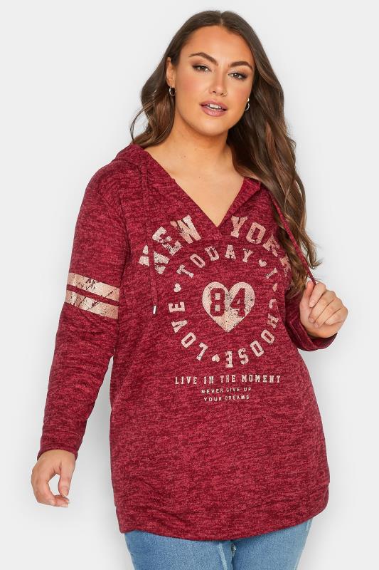 Plus Size  YOURS Curve Navy Red & White V-Neck 'New York 84' Print Hoodie