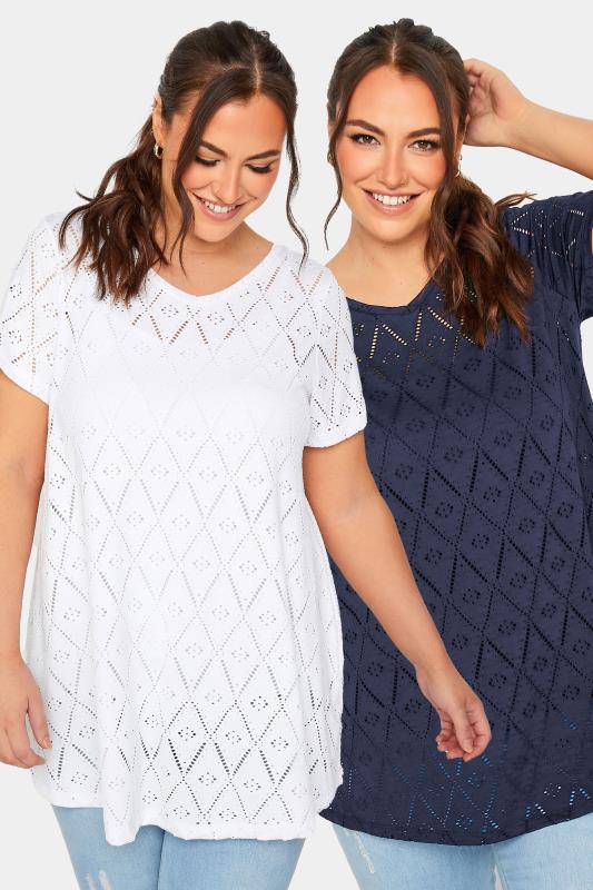 Plus Size  YOURS 2 PACK Curve Navy Blue & White Broderie Anglaise Swing Tops
