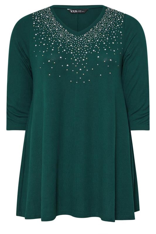 YOURS Plus Size Forest Green Diamante Stud Swing Top | Yours Clothing  5