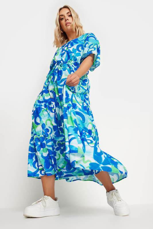Plus Size  YOURS Curve Aqua Blue Abstract Floral Print Maxi Dress