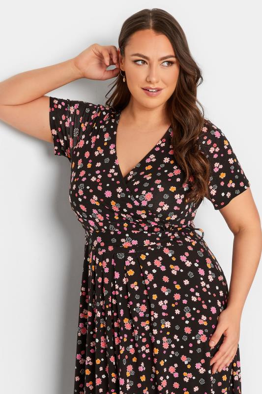 YOURS Curve Plus Size Black Ditsy Floral Wrap Dress | Yours Clothing  4