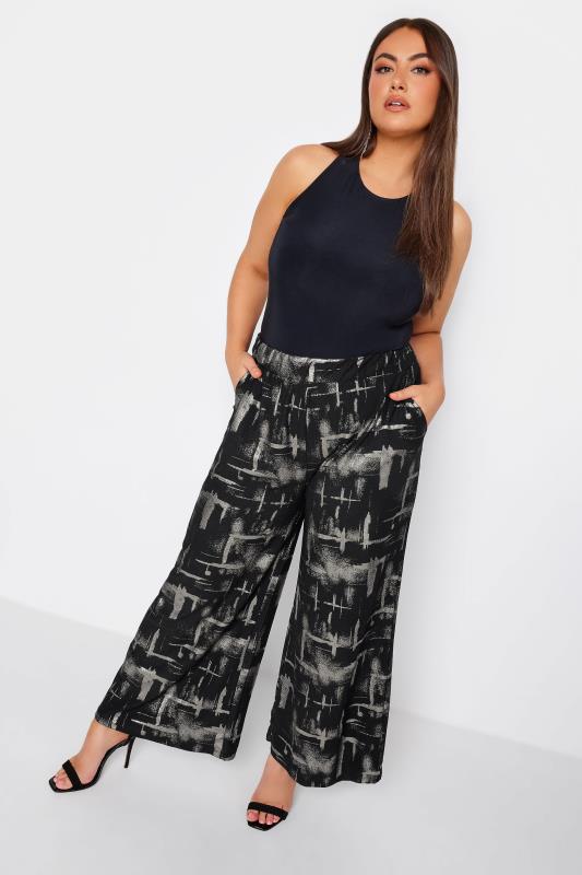 YOURS Curve Black & Silver Abstract Print Wide Leg Trousers | Yours Clothing 3