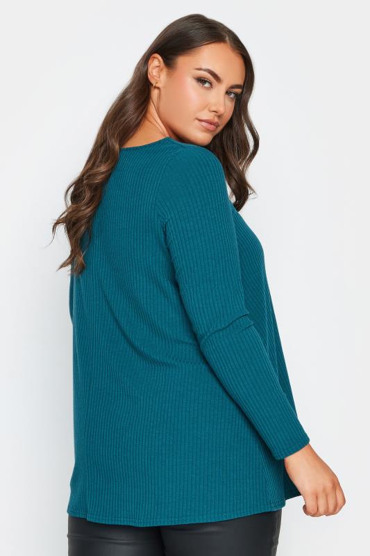 YOURS Plus Size Teal Blue Twisted Front Ribbed Top | Yours Clothing 3