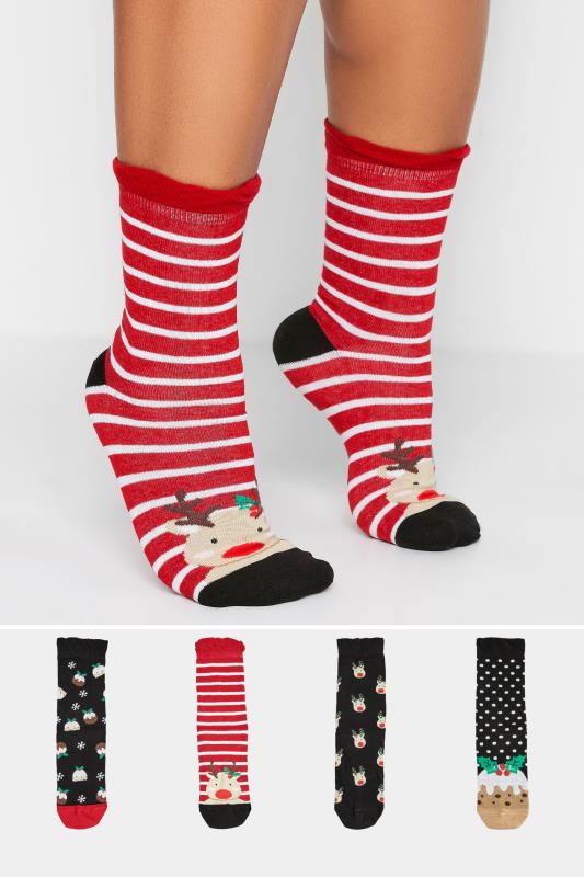 YOURS 4 PACK Black Reindeer & Christmas Pudding Print Ankle Socks | Yours Clothing 1