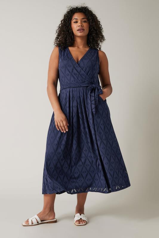 Plus Size  Curve Navy Blue Broderie Anglaise Wrap Dress