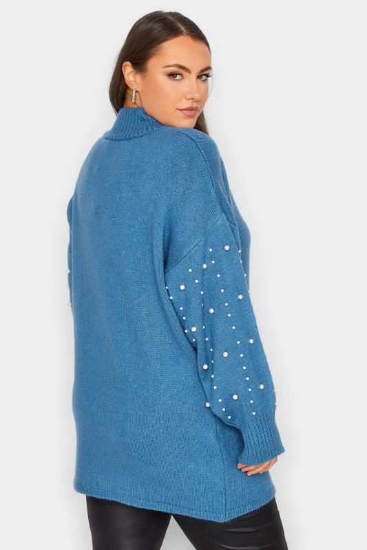 YOURS LUXURY Plus Size Blue Pearl Embellished Batwing Jumper | Yours Clothing 4