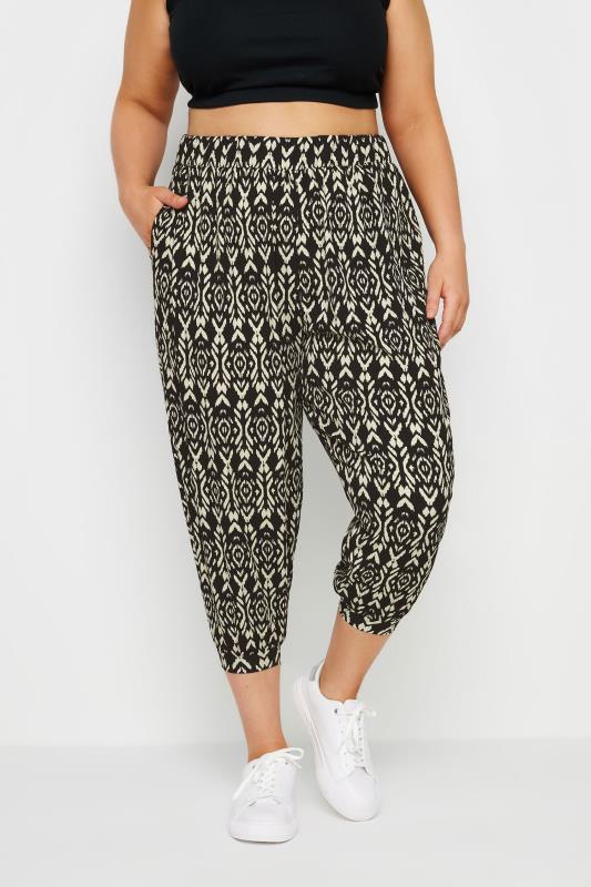YOURS Plus Size Black Abstract Print Textured Cropped Harem Trousers | Yours Clothing 1