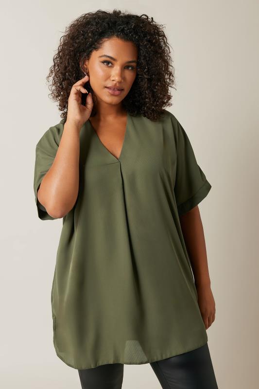  EVANS Curve Khaki Green Pleat Front Blouse