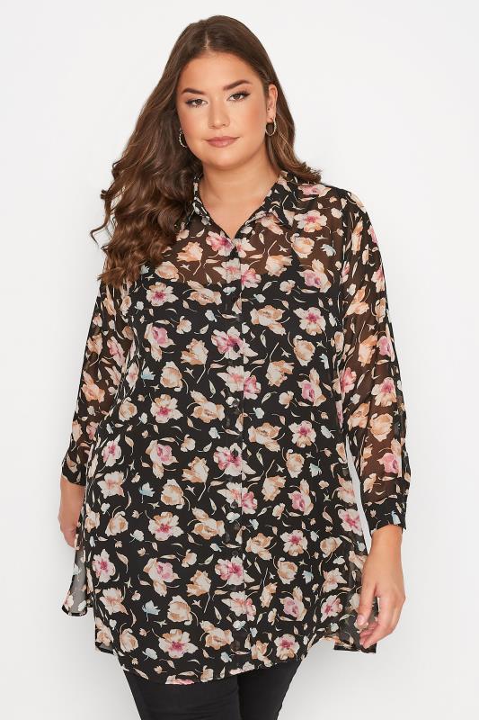 Plus Size Black & Pink Floral Sheer Shirt | Yours Clothing 1