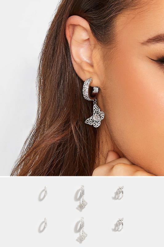  3 PACK Silver Diamante Butterfly Earrings