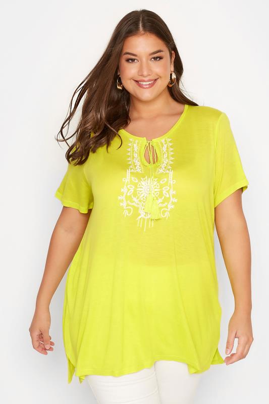 Curve Lime Green Aztec Embroidered Tie Neck T-Shirt 1