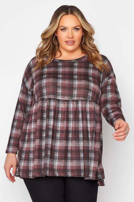 Plus Size  Curve Red & Grey Knitted Check Smock Top