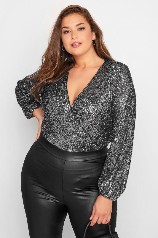  dla puszystych YOURS LONDON Curve Silver Sequin Embellished Wrap Bodysuit