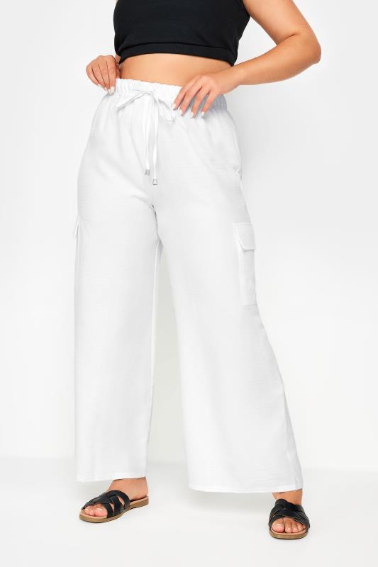 YOURS Plus Size Ivory White Linen Look Cargo Trousers | Yours Clothing 1
