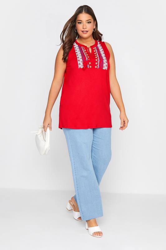 Plus Size Red Aztec Embroidered Tie Neck Top | Yours Clothing  2