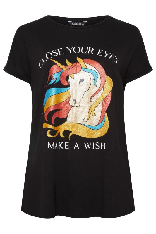 YOURS Plus Size Black Unicorn Wish Glitter Embellished T-Shirt | Yours Clothing 5