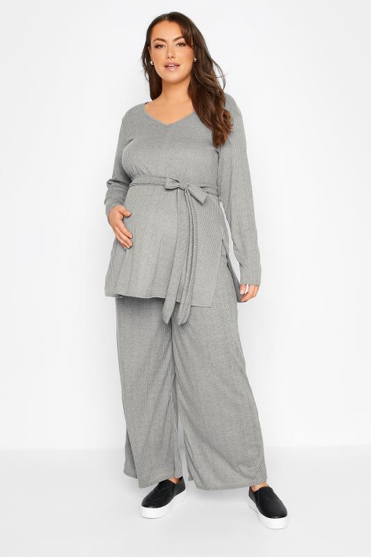 BUMP IT UP MATERNITY Plus Size Grey Ribbed Tie Waist Lounge Top | Yours Clothing 2