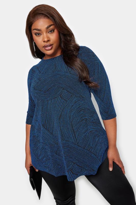 YOURS Plus Size Black & Blue Swirl Print Swing Top | Yours Clothing 2