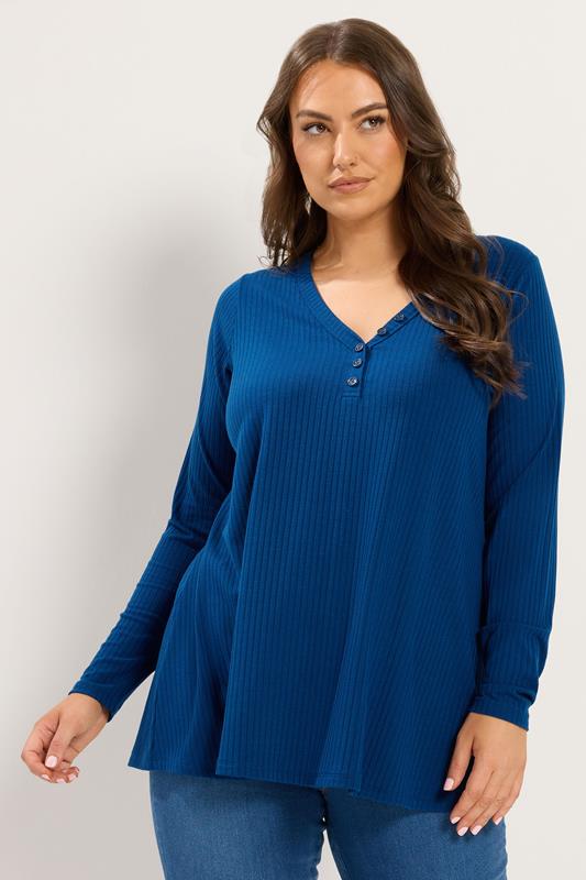  YOURS top con vuelo estilo Henley azul acanalado