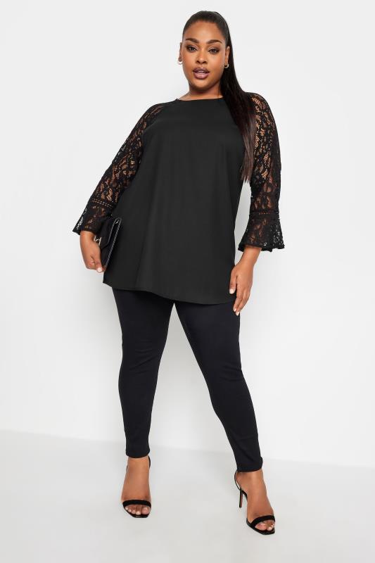 YOURS LONDON Curve Black Lace Flute Sleeve Top | Yours Clothing