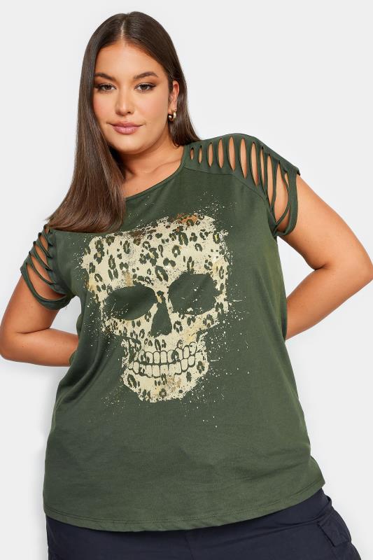 YOURS Plus Size Khaki Green Skull Print T-Shirt | Yours Clothing 1