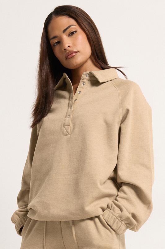PixieGirl Petite Women's Natural Brown Button Collar Sweatshirt | PixieGirl 1