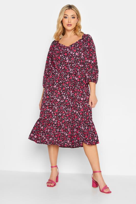 Plus Size Black & Pink Floral Smock Midi Dress | Yours Clothing  1