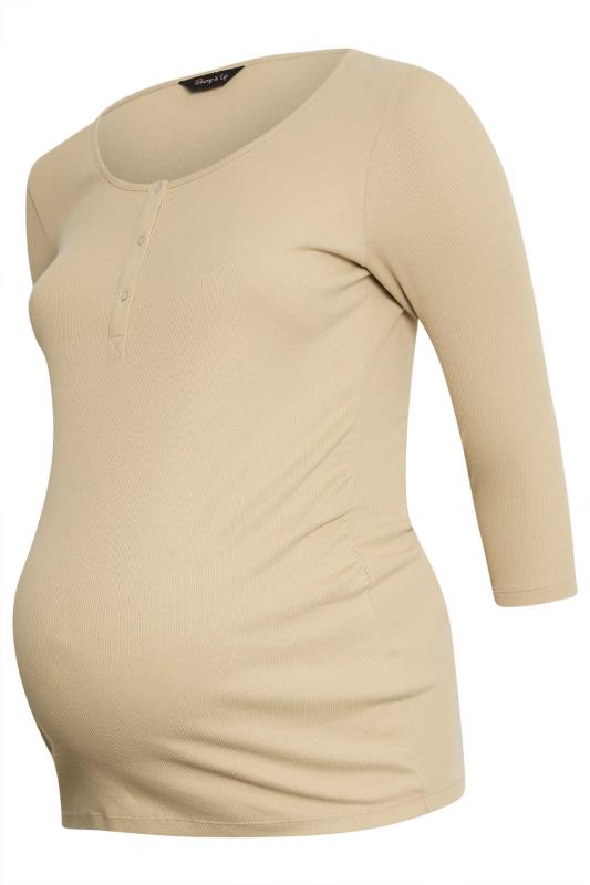 BUMP IT UP MATERNITY Plus Size Beige Brown Ribbed Popper Fastening Top | Yours Clothing 5