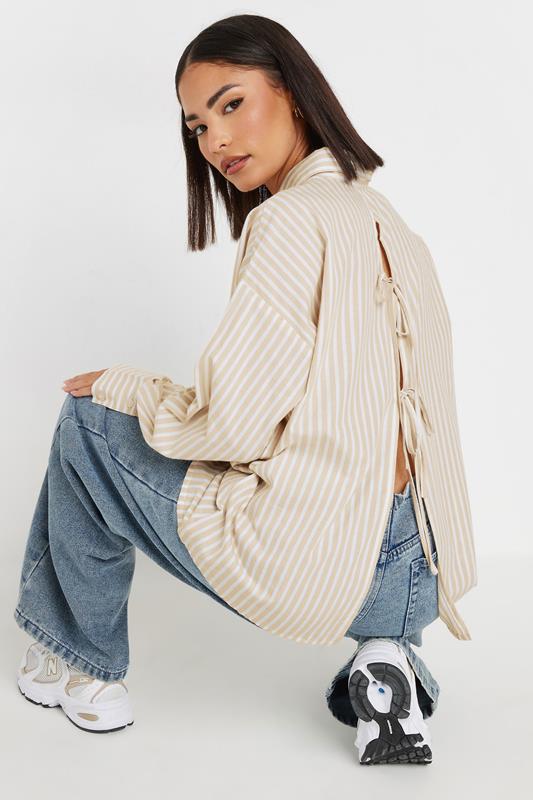 PixieGirl Petite Stone Brown Stripe Tie Back Cotton Shirt