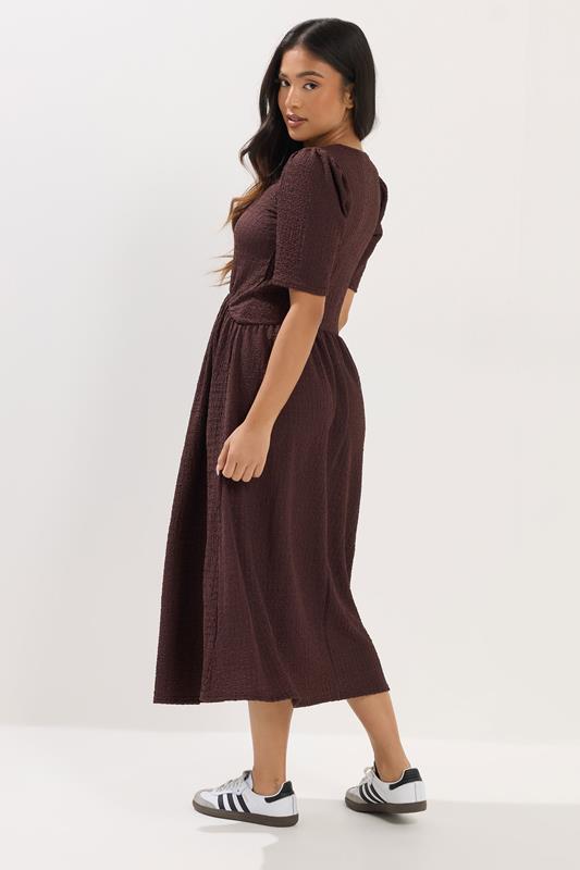 PixieGirl Petite Women's Chocolate Brown Textured Short Sleeve Midi Dress | PixieGirl 2