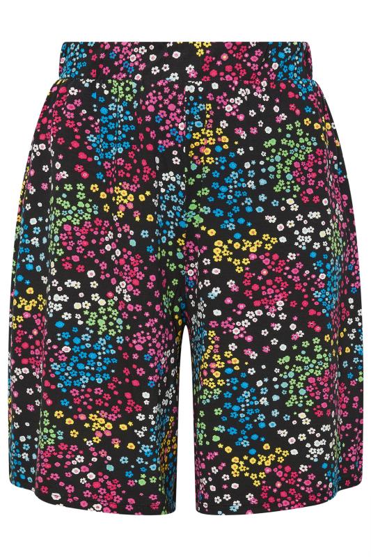 YOURS Plus Size Black Rainbow Ditsy Floral Print Jersey Shorts | Yours Clothing 6
