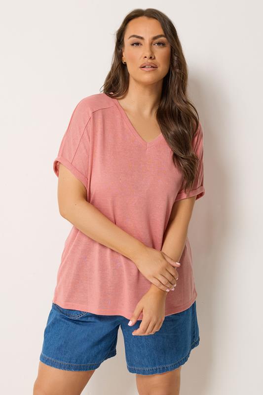 YOURS Plus Size Pink Linen Look T-Shirt | Yours Clothing 1