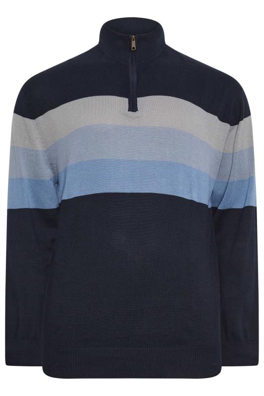 KAM Big & Tall Navy Blue Half Zip Stripe Knitted Jumper | BadRhino 2