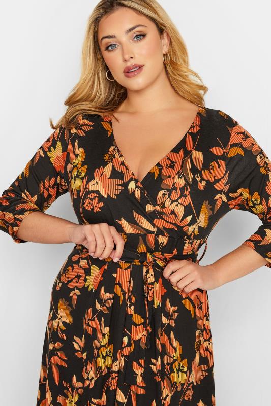 Curve Plus Size Orange & Black Leaf Print Maxi Wrap Dress | Yours Clothing  4