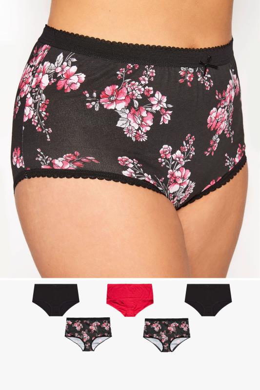  dla puszystych 5 PACK Red & Black Floral Lace Full Briefs