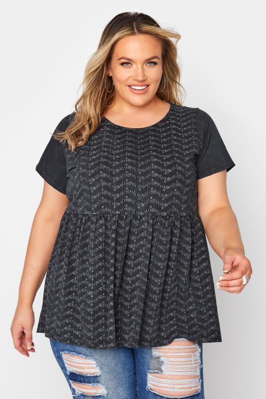 Plus Size  Black Broderie Anglaise Peplum Top