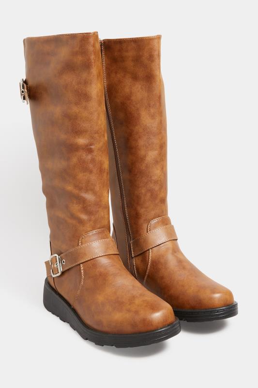 Plus Size  Tan Brown Knee High Wedge Boots In Wide E Fit
