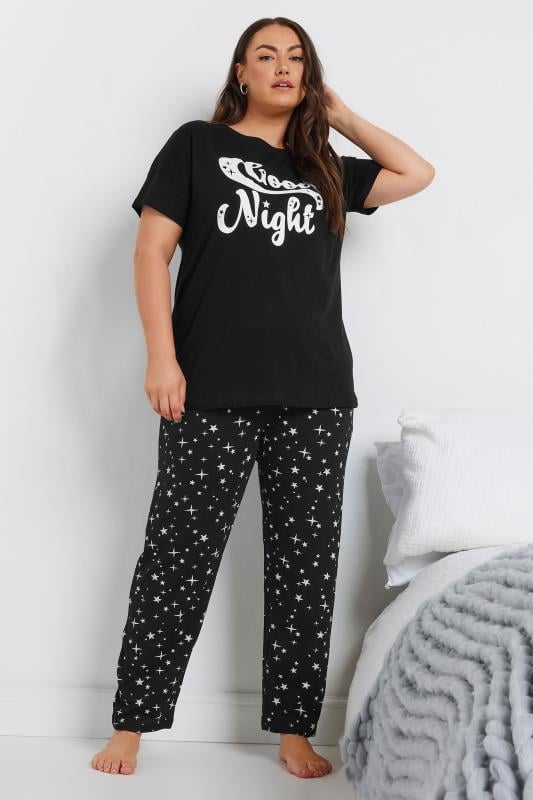 YOURS Plus Size Black Star Print Wide Leg Pyjama Bottoms | Yours Clothing 2