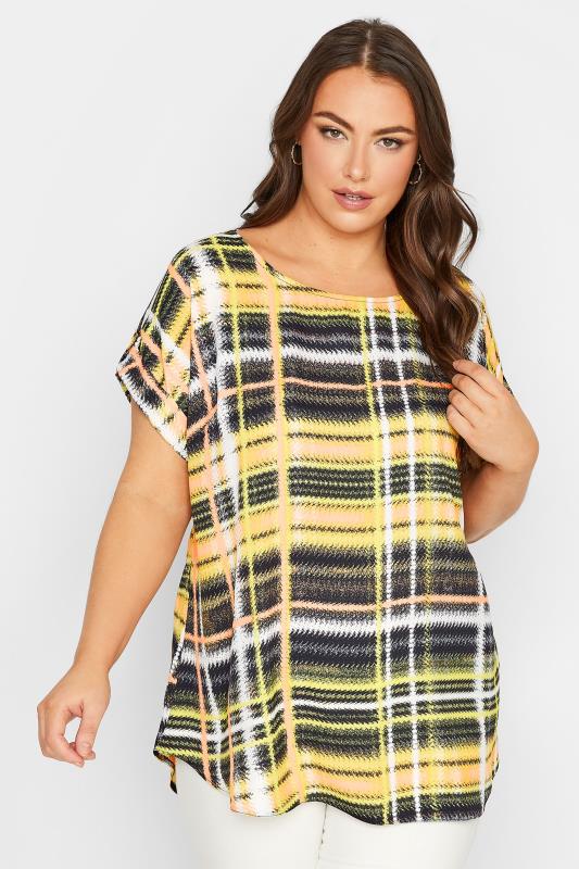 YOURS Plus Size Yellow Check Print Tab Sleeve Blouse | Yours Clothing 1