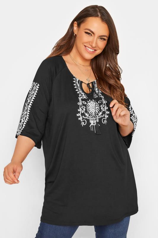 Curve Black Aztec Embroidered Tie Neck Top_A.jpg
