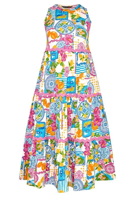YOURS Plus Size White & Blue 'Mediterranean' Print Tiered Maxi Dress| Yours Clothing 5