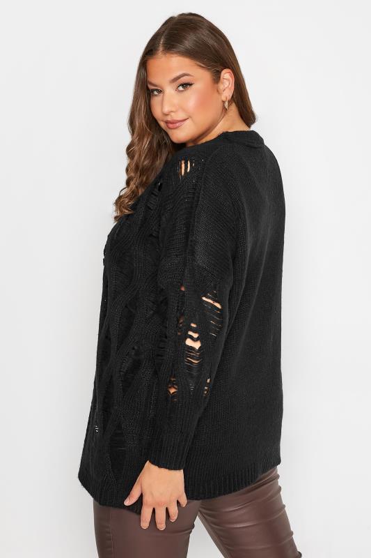 Plus Size Black Distressed V-Neck Knitted Jumper | Yours Clothing 4