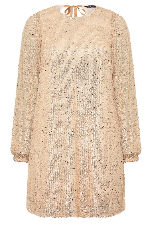 gold sequin shift dress with sleeves YOURS Plus Size Embellished Champagne sequin mini dress